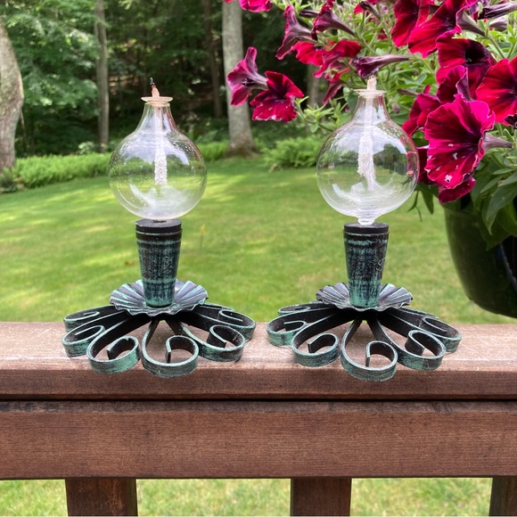 Vintage Hong Kong Oil Lamps – Pair Tabletop Hurricane Fairy Lamps Glass Chimney - Picture 1 of 15
